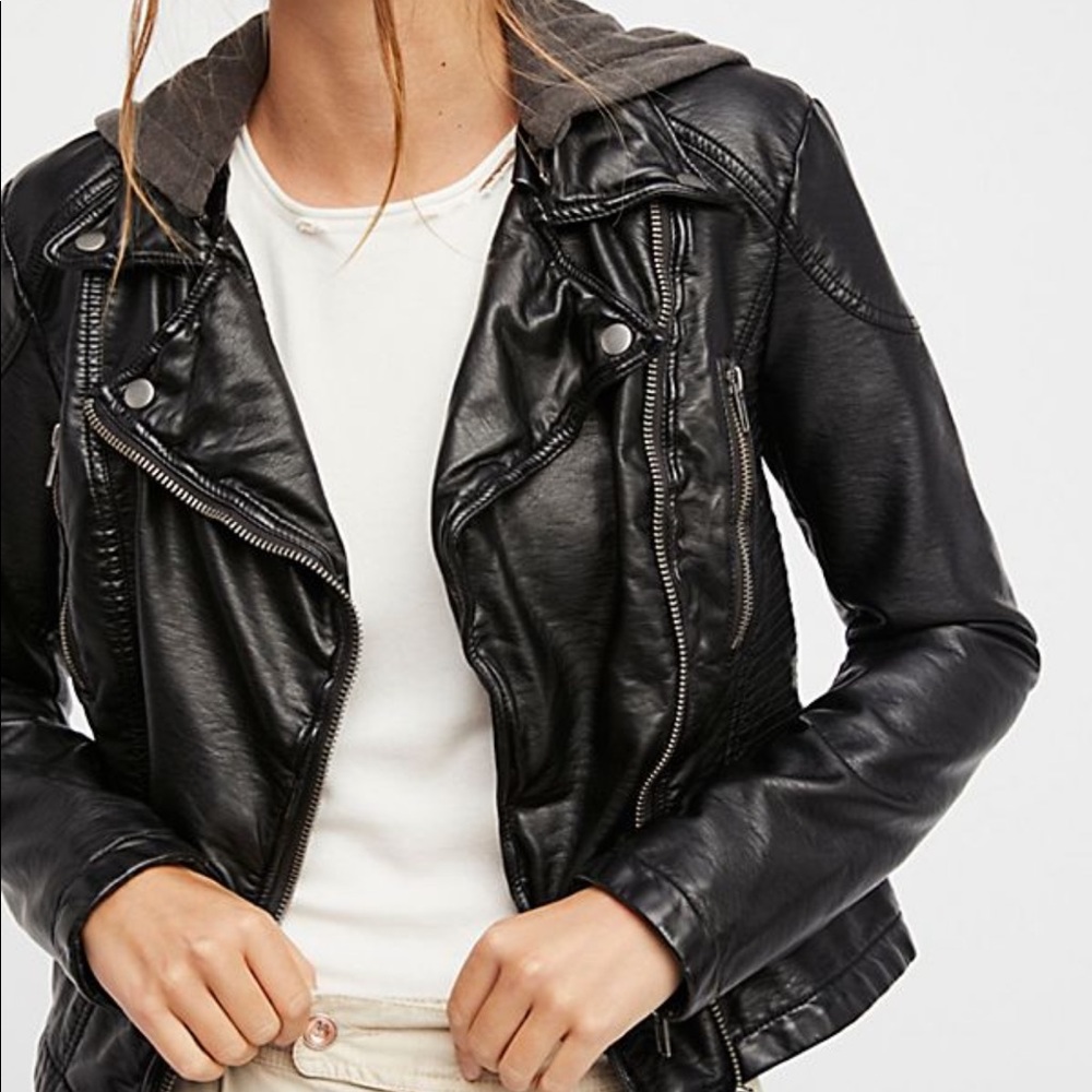 Vegan leather moto jacket with detachable hood